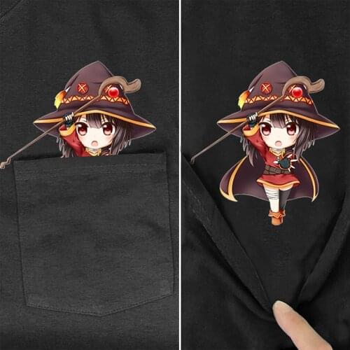 CLOOCL Anime Megumin Konosuba Cotton T-Shirt Summer Pocket Cartoons Printed Casual Shirt Short Sleeve Tops Funny Cotton Tees