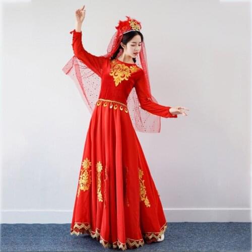Classical Uygur Xinjiang dance long dress national folk dancing stage wear women dancer costume festival performance clothing