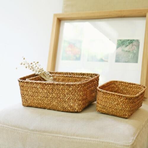 Handmade Straw Dried Flower Fruit Pot Basket Rattan Box Candy Earphone Organizer Home Decor