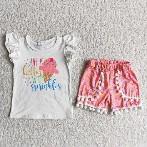 Summer Baby Girls Boutique Outfits Ice Cream Print Milk Silk Shirt Ruffled Shorts With Pompom