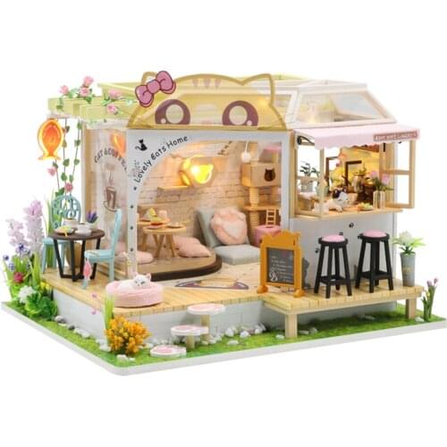 Miniature Dollhouse, DIY Cat Coffee Shop Kit, with Furniture & LED Light for Romantic Valentines Gift