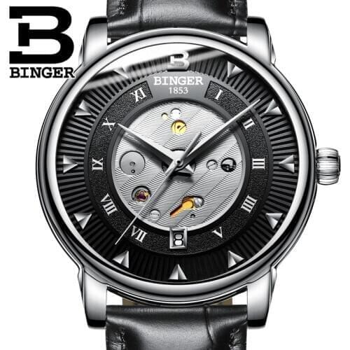 Fashion Mechanical Watch BINGER Top Brand Men Skeleton Automatic Watches relogio masculino Stainless Steel Black Clcok 2019
