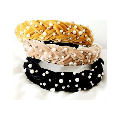 Trendy Wide Pearl Velvet Braided Headband for Women Rhinestone Knot Hairband Turban Handmade Padded Crown Headband Accessories