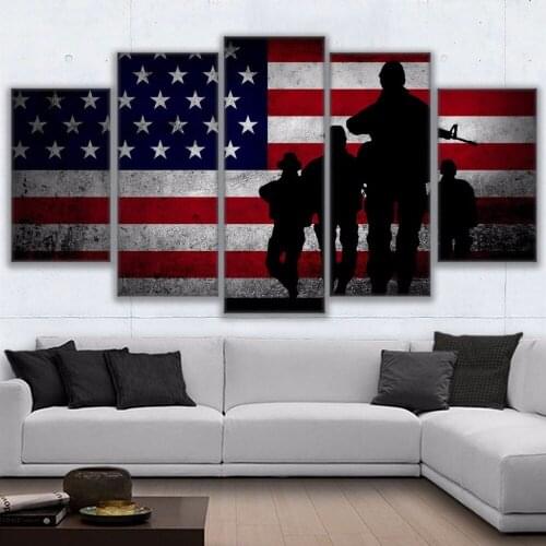 Wall Art Canvas Pictures Framework For Living Room HD Prints Posters 5 Pieces American Flag With Soldiers Paintings Home Decor