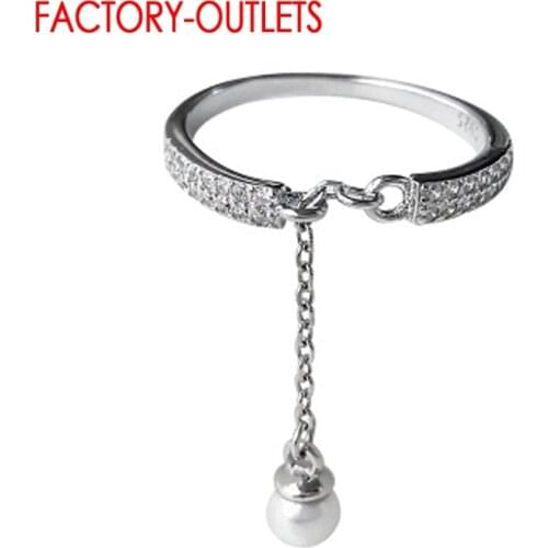 Genuine 925 Sterling Silver Tassel Link Chain Paved Crystal Open Size Adjustable Finger Ring Women Silver Jewelry Gift
