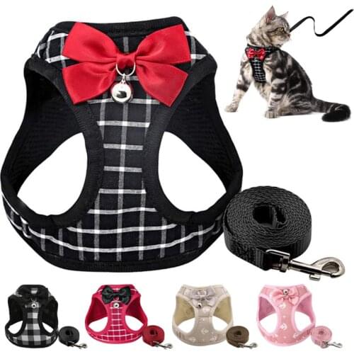 Nylon Cat Harness Adjustable Pet Harnesses Leash Set Breathable Bowknot Bell Cats Vest Kitten Puppy Outdoor Cat Accessories