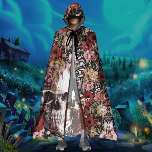 New Hooded Cloak Unisex Adult Cloak Floral Sugar Skull Print Halloween Christmas Cape Vampire Witch Gothic Cosplay Costume 2021