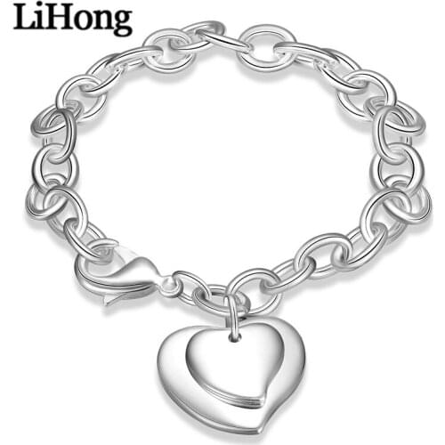 New Style 925 Sterling Silver Double Heart Pendant Bracelet For Women Wedding Engagement Fashion Glamour Party Jewelry