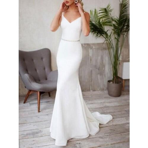 Sexy Wedding Dress Lycra Spandex V Neck Sleeveless Strap Sash Mermaid Bridal Dresses With Train