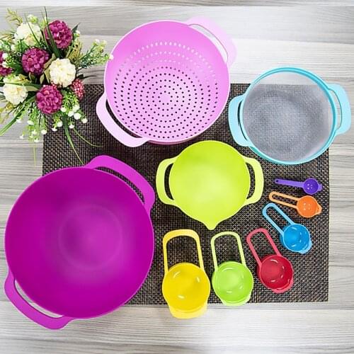 Stackable Measuring Cups Kitchen Measuring Spoon Rainbow Color Sieve Strainer Mixing Bowls Set Home Cooking Bakery Supplies