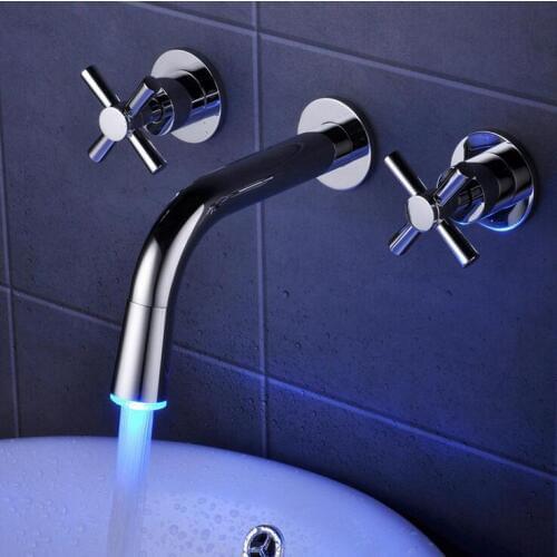 Three hole bathtub faucet bath mixer chrome, Brass bathroom bathtub faucet deck, Copper LED light sink basin faucet wall mounted