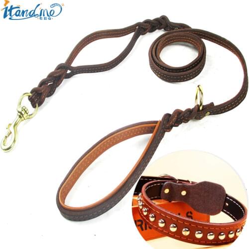 Free Dog Collar Genuine Leather Pet Dog Leash with 2 Handle Padded Traffic Handle for Extra Control Dog Training Walking