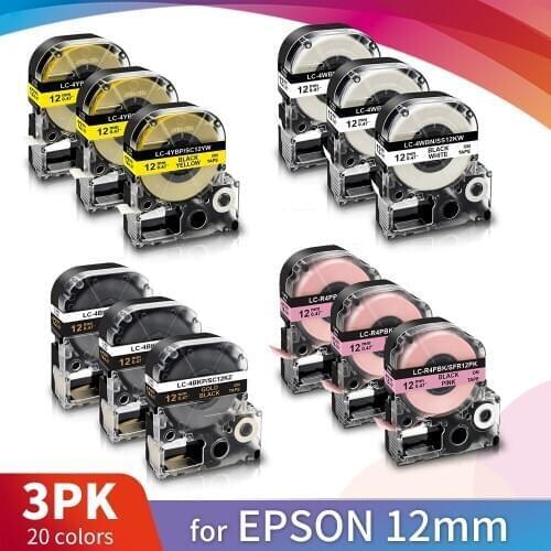 Topcolor 3PK SS12KW Black on White Compatible Epson Label Tape 12mm*8m for King Jim Label Maker LK-4WBN LW300 400 Label Printer