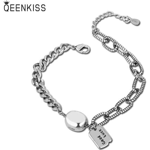 QUEENKISS BT625 Fine Jewelry Wholesale Fashion Lady Girl Birthday Wedding Gift Round Square 925 Sterling Silver Pendant Bracelet