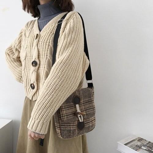 Women Small Woolen Canvas Bags Scottish Checked Horn Vintage Plaid Female Shoulder Bag Ladies Casual Shoulder Bag Cloth Purse