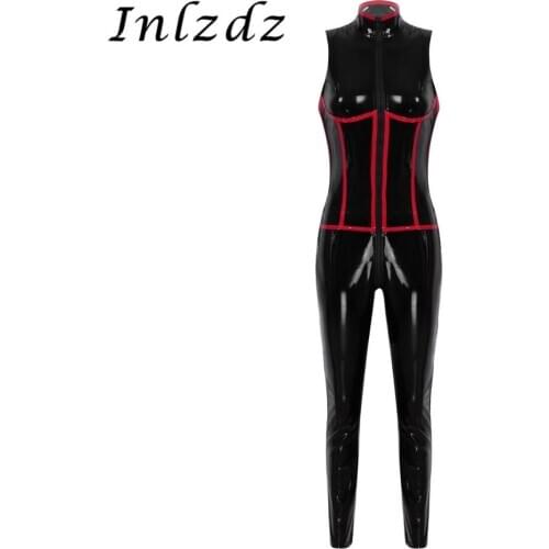 Womens Lingerie Bodysuit Glossy Wetlook Patent Leather Stand Collar Zippered Bust and Crotch Leotard Bodysuit Catsuit Clubwear