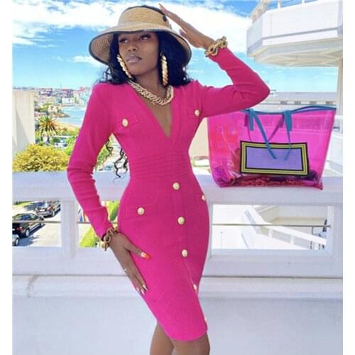 2021 Women Sexy Long Sleeve V Neck Hot Pink Orange Button Winter Bodycon Bandage Dress Elegant Celebrity Evening Party Dress