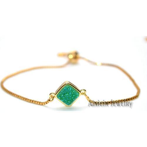 1pc Green Druzy Crystal Square Shape Sliding Clasp Adjustable Bracelets For Fashion Women Party Jewelry Girl Birthday Gift