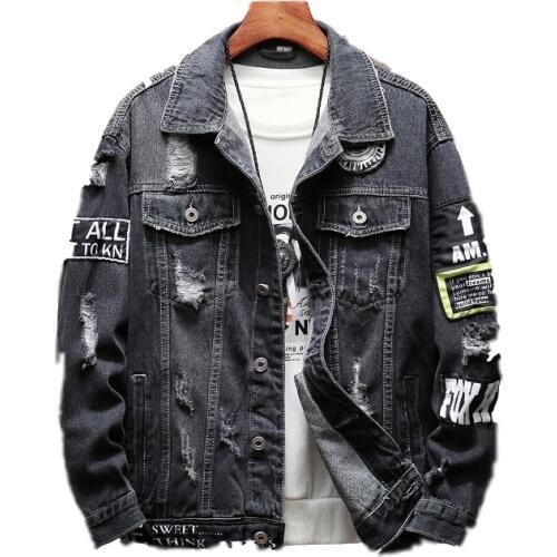 2 Colours Harajuku Patchwork Frayed Rock Vintage black blue denim jacket men punk sudadera hole streetwear hip hop ruched Washed
