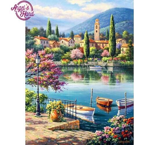 5D DIY Diamond Embroidery lakeside town landscape Diamond Painting Cross Stitch full Square Rhinestone Mosaic decoration