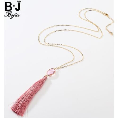 BOJIU Tassel Long Necklace For Women New Fashion Crystal Tassel Trendy Woman Long Pendant Necklace Clothes Decorations NKS056