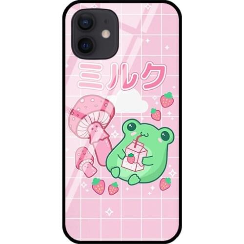Cottagecore Frog Strawberry Retro 90s Aesthetic Tempered Glass Case For iPhone 11 Pro Max XS 12 mini SE 7 8 Plus XR Cover Coque