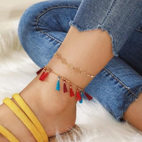 Colorful Tassel Pendant Anklets Bracelets Beach Barefoot Sandals Foot Jewelry Fashion Gold Hollow Wafer Ethnic Anklet For Women