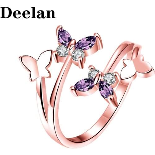 DEELAN Fashion Ring For Women Resizable Crystal CZ Zircon Butterfly jewellery girl Charm Wedding Bridal Party Rose Gold Rings