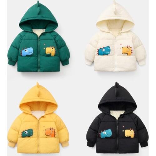 Childrens Winter Warm Cotton Jackets Boys Girls Outerwears Toddler Kids Cartoon Dinosaur Hooded Coat Baby Short Thicken Clothes