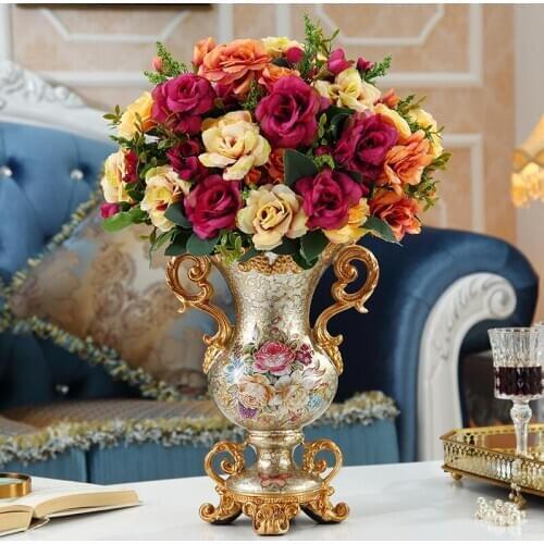 European Resin Vase+Artificial Flower Set Decor Club Table Porch Figurine Home Furnishing Decoration Silk Fake Flower Pot Crafts