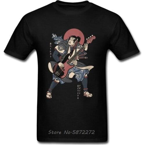 Samurai Bassist Electric Guitar Happy Tshirt o-neck Cotton Men T-Shirt Retro Music Instrument Father T Shirt Funny Tees Harajuku