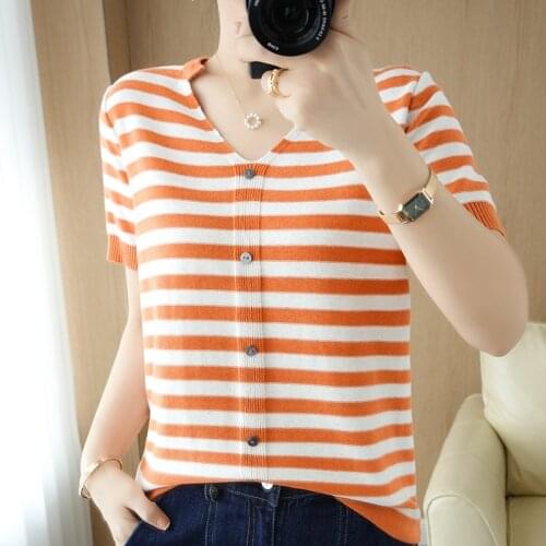 Summer new style cotton and linen knitted T-shirt womens striped V-neck bottoming shirt loose and thin half-sleeved top