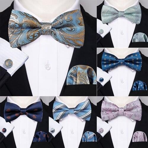 Barry.Wang New Style Solid Pre-Bow Tie For Men Adult Silk Butterfly Red Bow Tie Hanky Cufflinks Set Removable tie Wedding Party