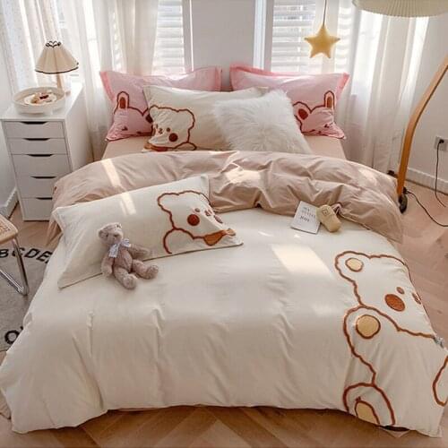 Khaki Bear Cute Embroidery Bedding Set Kawaii Girls Kids Cartoon Duvet Cover High Quality Cotton Comforter Cover Set Pillowcase