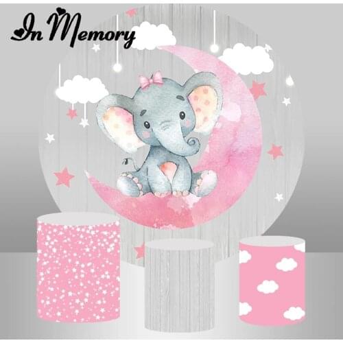 Round Circle Elephant Girl Baby Shower Newborn Backdrop Pink Moon Star Clouds Birthday Party Photography Background Plinth Cover