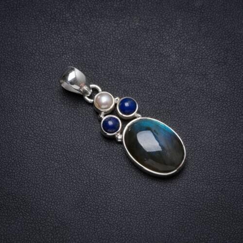 Natural Labradorite,Lapis Lazuli andRiver Pearl Handmade Unique 925 Sterling Silver Pendant 1.75" X0655