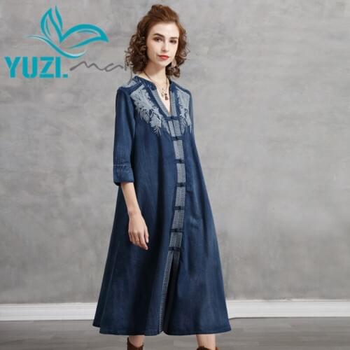 Summer Dress 2021 Yuzi.may Boho New Denim Women Dresses V-Neck Stand Collar Three Quarter Sleeve Loose Vestidos A82289 Vestido