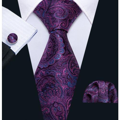 Men Ties Silk Woven Necktie Purple Floral Tie Set Handkerchief Cufflinks Paisley Neck Tie Designer Male Gift Barry.Wang FA-5158