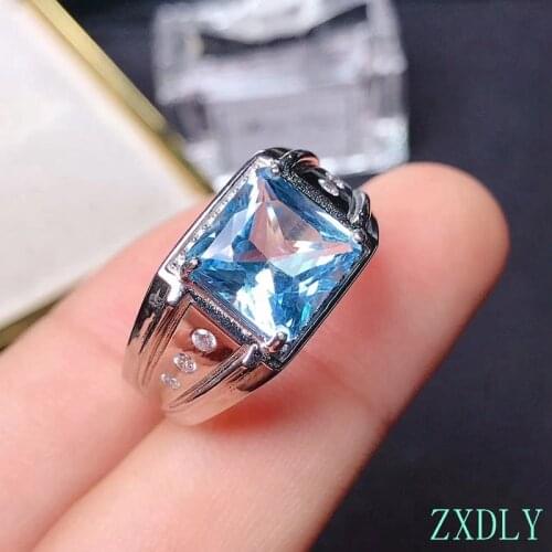 Newest muscular man ring size 9*9mm Natural blue topaz gem ring S925 Silver square natural gemstone men gift birthstone
