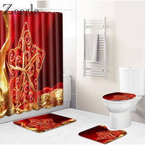 Zeegle Christmas Bath Curtain Shower Curtain 4pcs Bathroom Carpet Set Anti-slip Toilet Rug Shower Mat Absorbent Bathroom Rug Set