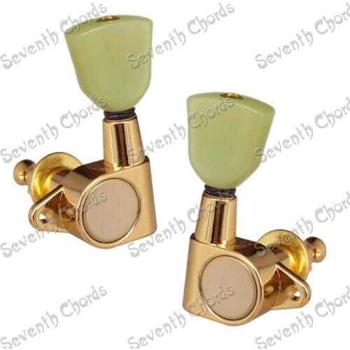 A Set Gold GRO Style Sealed-gear Guitar Tuning Pegs Machine Heads With Trapezoid Jade Green Button