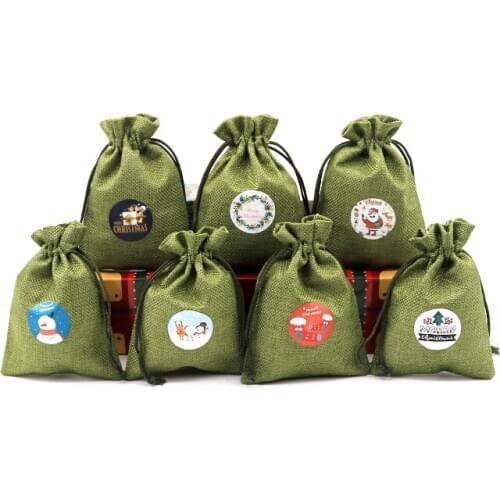 New Fashion 10Pcs/lot 10*14cm Green Jute Jewelry Packaging Drawstring Bags For Christmas Gifts Candy Cute Pattern Bags Pouches