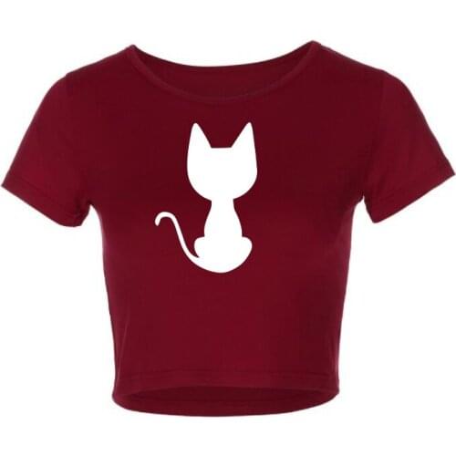 New Ladies Print Little Cat Crop Top Slim Short Sleeves Casual Appliques Daily Tee