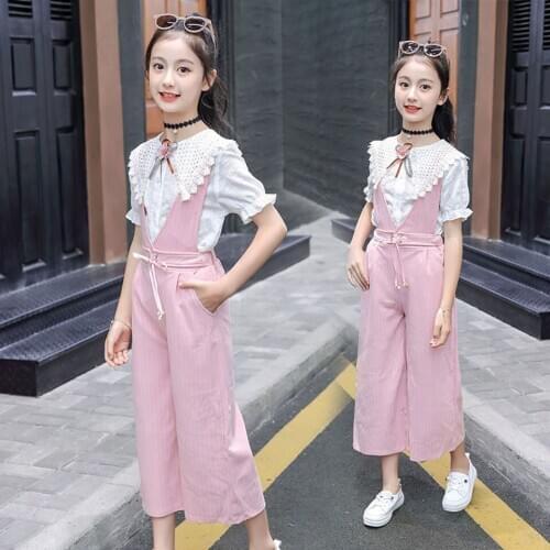 New Arrivals 2 Styles Tops +Overall Pants Set For Spring Summer Casual Girl Suits For 3T 4 6 7 8 10 12 Year School Girl Outfit