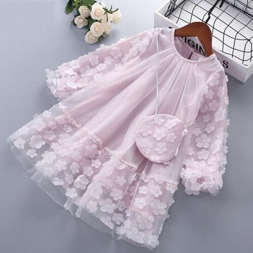 Spring Autumn Long Sleeve Floral Printed Party Princess Dresses Mesh Yarn Patchwork Cute Kids Clothes Dress For Girls