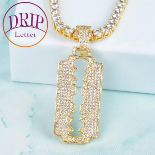 Razor Blade Pendant Mens Necklace Free Gold Color Cubic Zircon Hip Hop Jewelry
