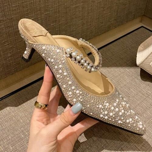 Pearl Belt flock mules women shoes sandals chic rhinestones slippers women flip flops thin heels crystal pointed toe slides 2020