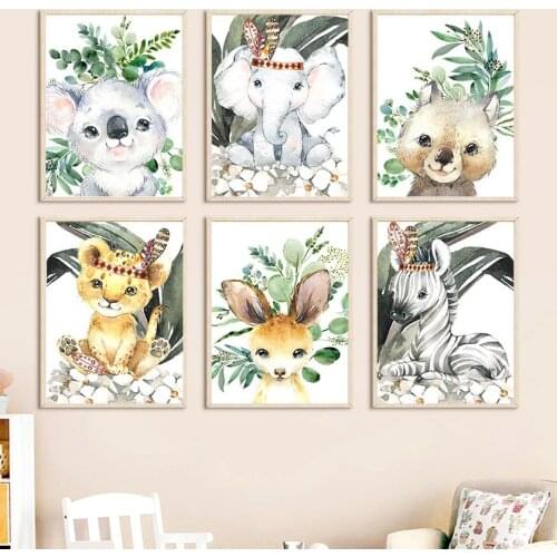 Elephant Bear Koala Zebra Lion Leaves Nursery Art Canvas Painting Nordic Posters And Prints Wall Pictures Baby Kids Room Decor