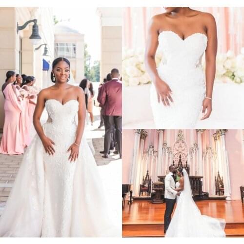 Beaded Lace Wedding Dresses Detachable Train Sweet Heart Applique Ivory Plus Size African Mermaid Bridal Gowns 2023