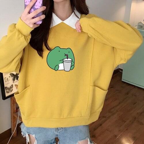 Cute Frog Hoodie for Womens Cotton Pullover Sweetshirt with Pocket Hip Hop Casual All-match Hoodies for Girls Kawaii Clothes